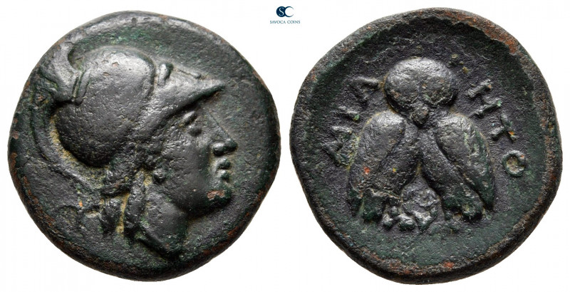 Mysia. Miletopolis circa 200-100 BC. 
Bronze Æ

17 mm, 5,19 g

Helmeted hea...