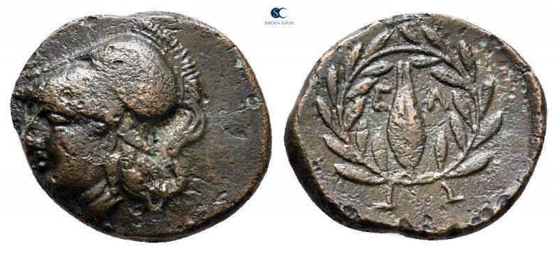 Aiolis. Elaia circa 350-300 BC. 
Bronze Æ

12 mm, 1,37 g

Helmeted head of ...