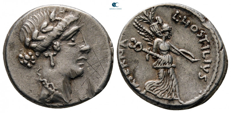 L. Hostilius Saserna 48 BC. Rome
Denarius AR

4,14 mm, g

Female head right...