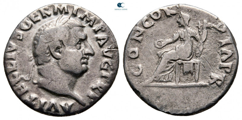 Vitellius AD 69. Rome
Denarius AR

16 mm, 2,86 g

A VITELLIVS GERMAN IMP TR...