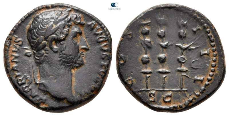 Hadrian AD 117-138. Rome
Quadrans Æ

15 mm, 3,71 g

HADRIANVS AVGVSTVS [P P...