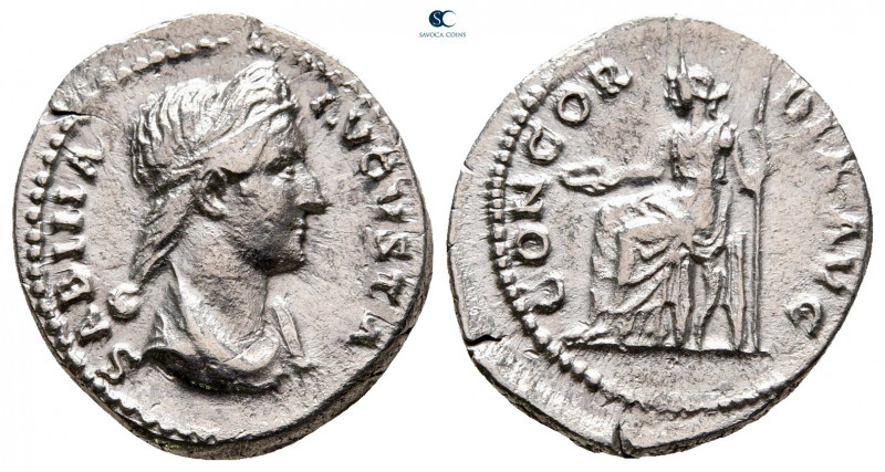 Sabina. Augusta AD 128-137. Rome
Denarius AR

17 mm, 3,05 g

SABINA AVGVSTA...