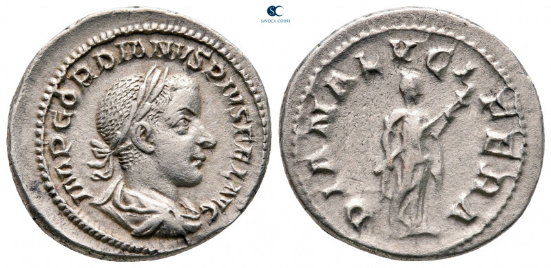 Gordian III AD 238-244. Rome
Denarius AR

20 mm, 4,05 g

IMP GORDIANVS PIVS...