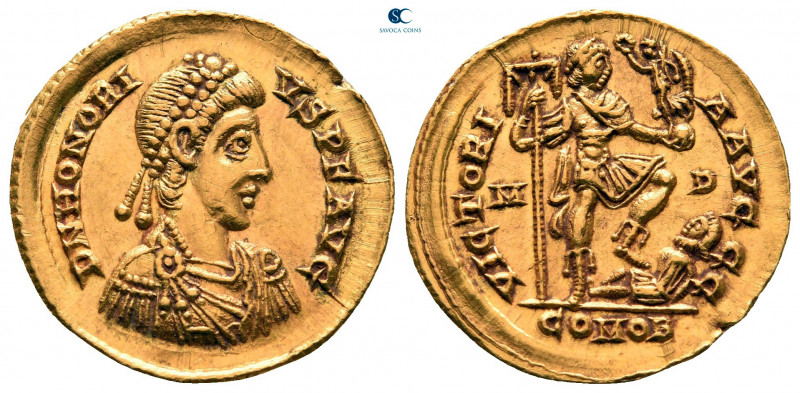 Honorius AD 393-423. Constantinople
Solidus AV

20 mm, 4,48 g

D N HONORIVS...