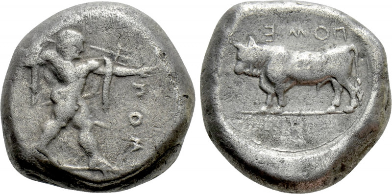 LUCANIA. Poseidonia. Nomos (Circa 470-445 BC). 

Obv: ΠΟΣΕ. 
Poseidon advanci...