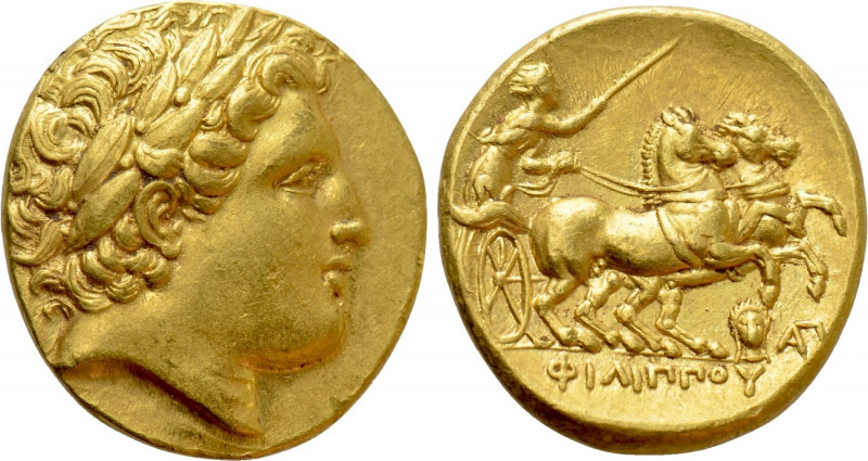 KINGS OF MACEDON. Philip II (359-336 BC). GOLD Stater. Lampsakos.

Obv: Laurea...