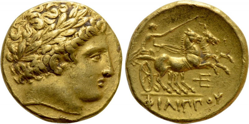 KINGS OF MACEDON. Philip II (359-336 BC). GOLD Stater. Amphipolis. 

Obv: Laur...