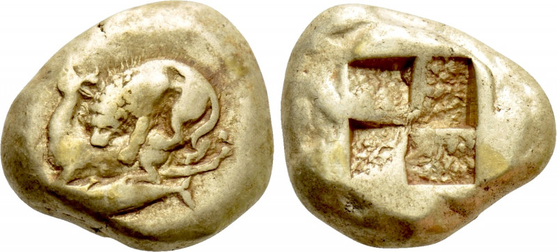 MYSIA. Kyzikos. EL Stater (Circa 360-330 BC).

Obv: Lion attacking stag kneeli...