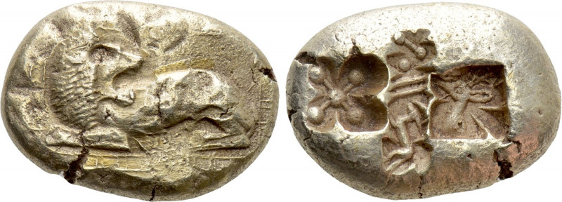 IONIA. Miletos. EL Stater (Circa 600-550 BC). 

Obv: Lion reclining left, head...