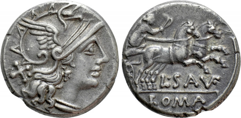 L. SAUFEIUS. Denarius (152 BC). Rome. 

Obv: Helmeted head of Roma right; X (m...