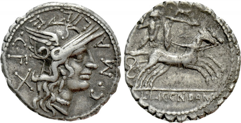 C. MALLEOLUS C.f. Serrate Denarius (118 BC). Narbo. 

Obv: MALLE C F. 
Helmet...
