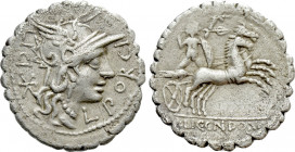 L. PORCIUS LICINIUS. Serrate Denarius (118 BC). Rome