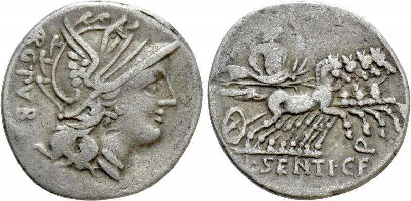 L. SENTIUS C.F. Denarius (101 BC). Rome. 

Obv: ARG PVB. 
Helmeted head of Ro...