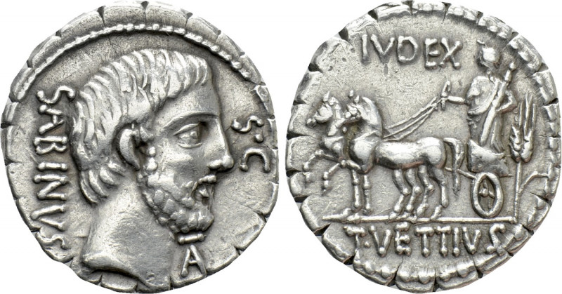 T. VETTIUS SABINUS. Serrate Denarius (70 BC). Rome. 

Obv: SABINVS / S C. 
Ba...