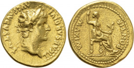 TIBERIUS (14-37). GOLD Aureus. "Tribute Penny" type. Lugdunum