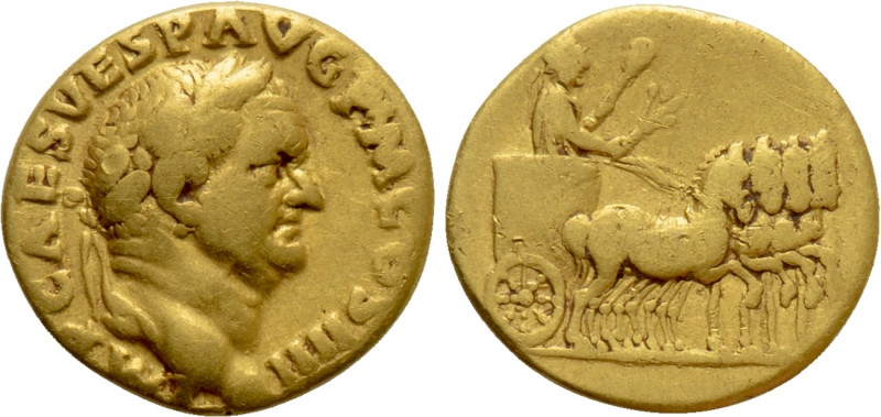 VESPASIAN (69-79). GOLD Aureus. Rome. 

Obv: IMP CAES VESP AVG P M COS IIII. ...