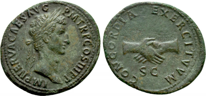 NERVA (96-98). As. Rome. 

Obv: IMP NERVA CAES AVG P M TR P COS III P P. 
Lau...