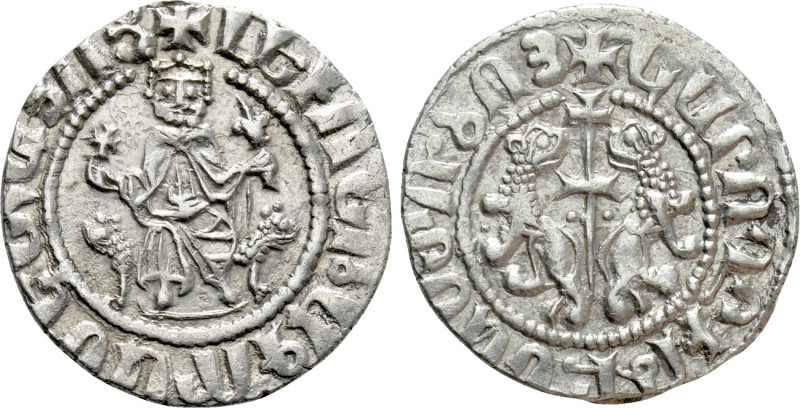 ARMENIA. Levon I (1198-1219). Tram. 

Obv: Crowned figure of Levon seated on t...