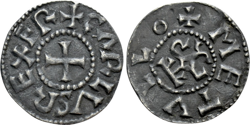 CAROLINGIANS. Charles the Bald (823-877). Denier. Metullo (Melle). 

Obv: + CA...
