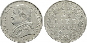 ITALY. Papal States. Pius IX (1846-1870). 2 1/2 Lire (1867/XXI). Rome