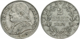 ITALY. Papal States. Pius IX (1846-1878). 2 Lire (1867/XXII). Rome