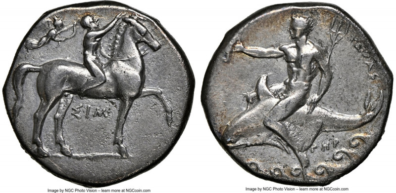 CALABRIA. Tarentum. Ca. 332-302 BC. AR stater or didrachm (21mm, 7.64 gm, 1h). N...