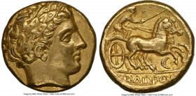 MACEDONIAN KINGDOM. Philip II (359-336 BC). AV stater (16mm, 8.55 gm, 7h). NGC Choice XF 5/5 - 3/5. Amphipolis II, 340-328 BC. Laureate head of Apollo...