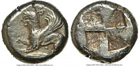 MYSIA. Cyzicus. Ca. 550-450 BC. EL sixth-stater or hecte (10mm, 2.66 gm). NGC XF 4/5 - 4/5. Sphinx standing left, plume with two curled ends on back o...