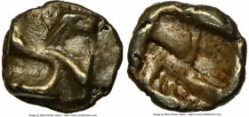 IONIA. Uncertain mint. Ca. 625-550 BC. EL 1/48 stater or tetartemorion (6mm, 0.31 gm). NGC Choice XF 4/5 - 4/5. Raised tetraskelion pattern / Incuse t...