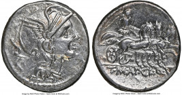 Titus Manlius Mancius, Appius Claudius Pulcher, and Q. Urbinius, moneyers (111-110 BC). AR denarius (17mm, 3.91 gm, 6h). NGC Choice XF 5/5 - 3/5, brus...