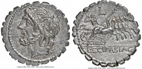 L. Scipio Asiagenus (or L. Cornelius Scipio Asiaticus) (ca. 106 BC). AR denarius serratus (18mm, 4.01 gm, 4h). NGC Choice AU 5/5 - 4/5. Rome. Laureate...