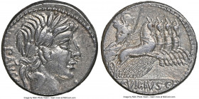 C. Vibius C. f. Pansa (ca. 90 BC). AR denarius (18mm, 4.03 gm, 7h). NGC AU 4/5 - 5/5. Rome. PANSA, laureate head of Apollo right with flowing hair; ly...