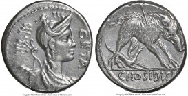 C. Hosidius C.f. Geta (ca. 68 or 64 BC). AR denarius (16mm, 4.01 gm, 7h). NGC Choice XF 4/5 - 3/5. Rome. GETA / III•VIR, draped bust of Diana right, s...