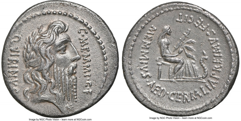 C. Memmius C.f. (ca. 56 BC). AR denarius (18mm, 3.58 gm, 1h). NGC Choice XF 5/5 ...
