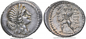 Julius Caesar, as Dictator (49-44 BC). AR denarius (20mm, 3.88 gm, 6h). NGC Choice AU 5/5 - 3/5. Military mint traveling with Caesar in North Africa, ...