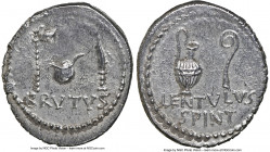 Q. Servilius Caepio (M. Junius) Brutus, as Imperator, assassin of Caesar (44-42 BC). AR denarius (19mm, 3.74 gm, 12h). NGC MS 5/5 - 3/5. Uncertain mil...