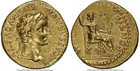 Tiberius (AD 14-37). AV aureus (19mm, 7.82 gm, 12h). NGC AU 4/5 - 3/5. Lugdunum, ca. AD 14-17. TI CAESAR DIVI-AVG F AVGVSTVS, laureate head of Tiberiu...