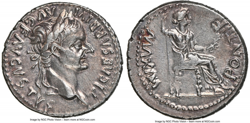 Tiberius (AD 14-37). AR denarius (19mm, 3.78 gm, 4h). NGC AU S 5/5 - 5/5. Lugdun...