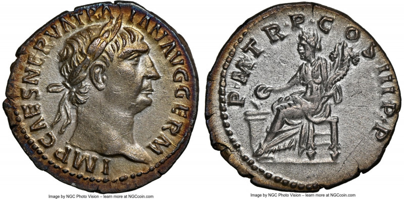 Trajan (AD 98-117). AR denarius (19mm, 3.42 gm, 7h). NGC AU 5/5 - 3/5. Rome, AD ...