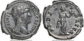 Hadrian (AD 117-138). AR denarius (20mm, 3.60 gm, 5h). NGC Choice XF 5/5 - 3/5, brushed. Rome, ca. AD 134-138. HADRIANVS-AVG COS III P P, bare head of...