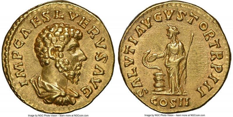 Lucius Verus (AD 161-169). AV aureus (19mm, 7.18 gm, 5h). NGC XF 5/5 - 3/5, edge...