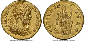 Septimius Severus (AD 193-211). AV aureus (20mm, 7.25 gm, 6h). NGC Choice XF 4/5 - 2/5, Fine Style, edge bend. Rome, AD 198-200. L SEPT SEV AVG IMP-XI...