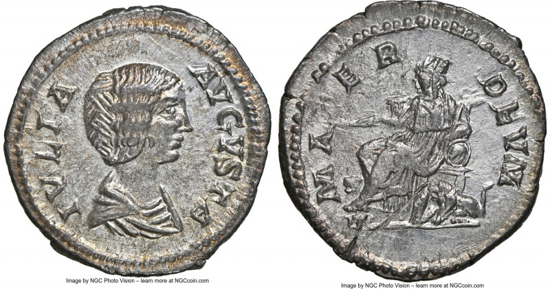 Julia Domna (AD 193-217). AR denarius (20mm, 3.12 gm, 5h). NGC AU 5/5 - 2/5, cut...