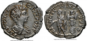 Geta (AD 209-211). AR denarius (19mm, 3.38 gm, 6h). NGC AU 5/5 - 2/5. Rome, AD 200-202. P SEPT GETA-CAES PONT, bare headed, draped, and cuirassed bust...