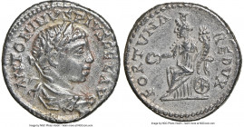 Elagabalus (AD 218-222). AR denarius (18mm, 3.57 gm, 7h). NGC AU 5/5 - 3/5. Antioch, AD 218-219. ANTONINVS PIVS FEL AVG, Laureate, draped bust of Elag...