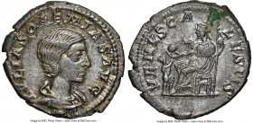 Julia Soaemias (AD 218-222). AR denarius (20mm, 3.19 gm, 6h). NGC AU 5/5 - 3/5, scratch. Rome. IVLIA SOAEMIAS, draped bust of Julia Soaemias right, se...