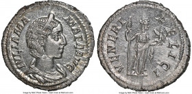 Julia Mamaea (AD 222-235). AR denarius (19mm, 3.15 gm, 7h). NGC Choice MS 5/5 - 4/5. Rome. IVLIA MA-MAEA AVG, draped bust of Julia Mamaea right, seen ...