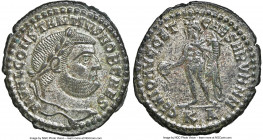 Constantius I, as Caesar (AD 305-306). BI follis or nummus (28mm, 10.53 gm, 11h). NGC AU 5/5 - 3/5, Silvering. Cyzicus, 1st officina, AD 297-299. FL V...