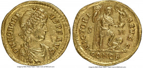 Honorius, Western Roman Empire (AD 393-423). AV solidus (20mm, 4.36 gm, 7h). NGC AU 5/5 - 2/5, scuffs. Sirmium, 1st officina, ca. AD 395-397. D N HONO...