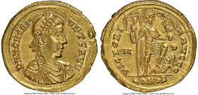 Honorius, Western Roman Empire (AD 393-423). AV solidus (21mm, 4.41 gm, 12h). NGC MS 5/5 - 4/5, edge flaw. Milan, AD 395-402. D N HONORI-VS P F AVG, p...